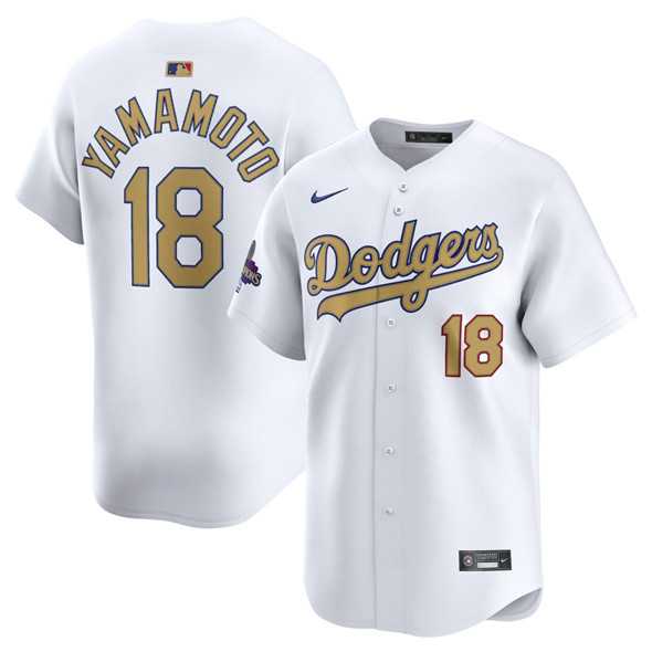 Mens Los Angeles Dodgers #18 Yoshinobu Yamamoto White 2025 Gold Collection Limited Stitched Jersey Dzhi